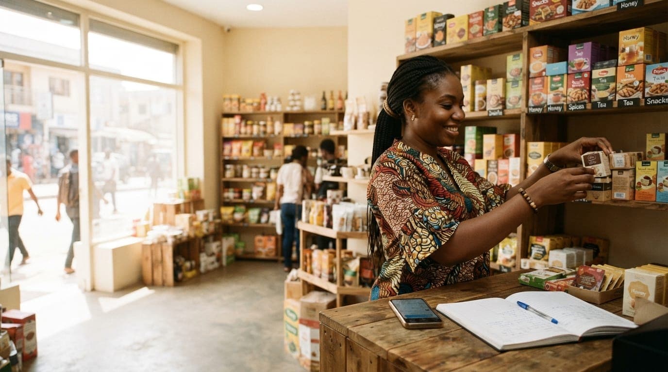 A shop owner placing a box onto the shelves of her bright retail shop, with an open notebook, a pen and her phone on the counter in front of her and a customer browsing behind.